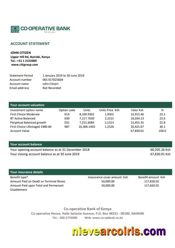 Kenya Co-Operative Bank proof of address statement in Word and PDF format, .doc and .pdf format